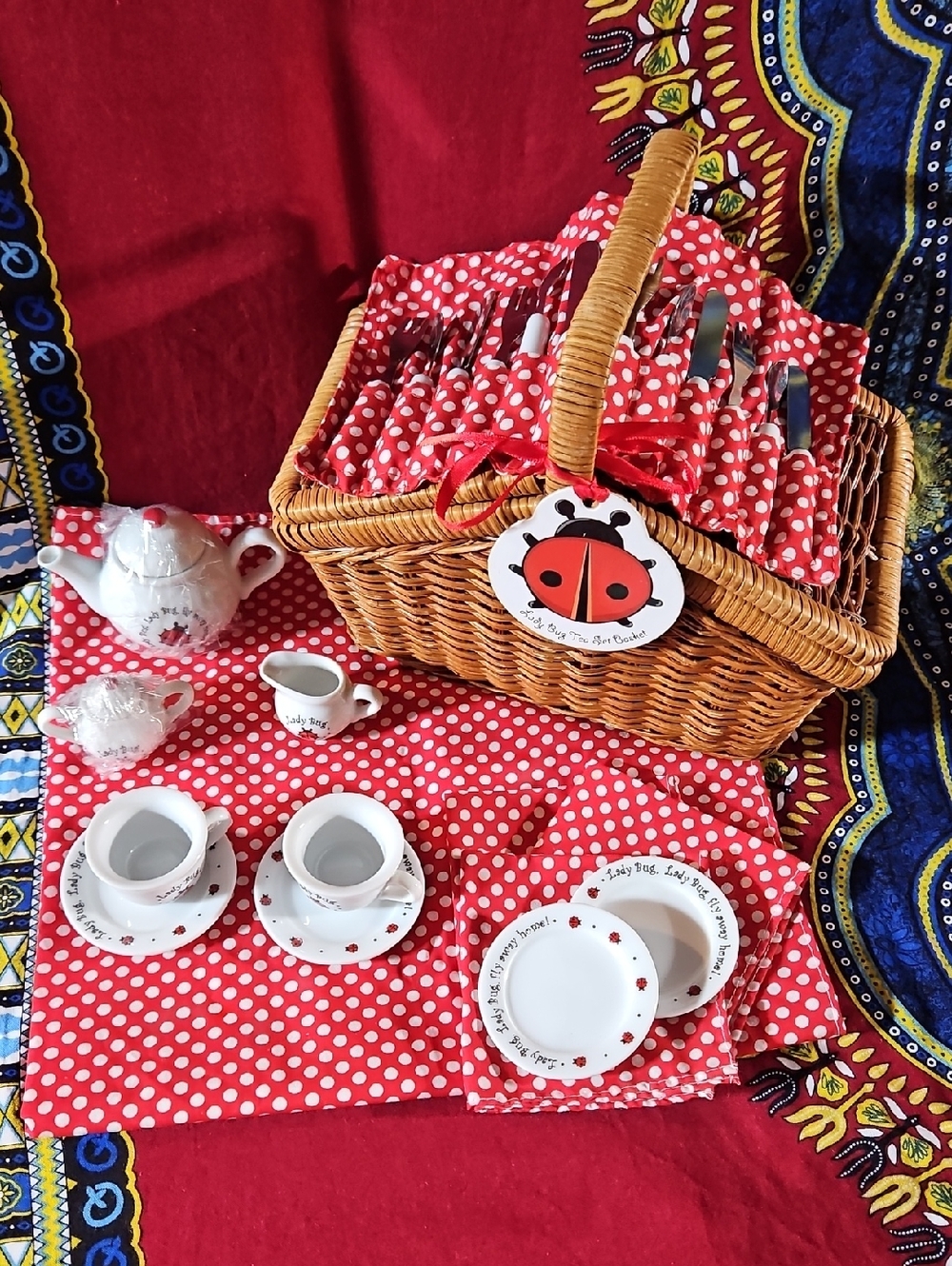 Polka Dot Schylling Ladybug Tea Set & Wicker Basket